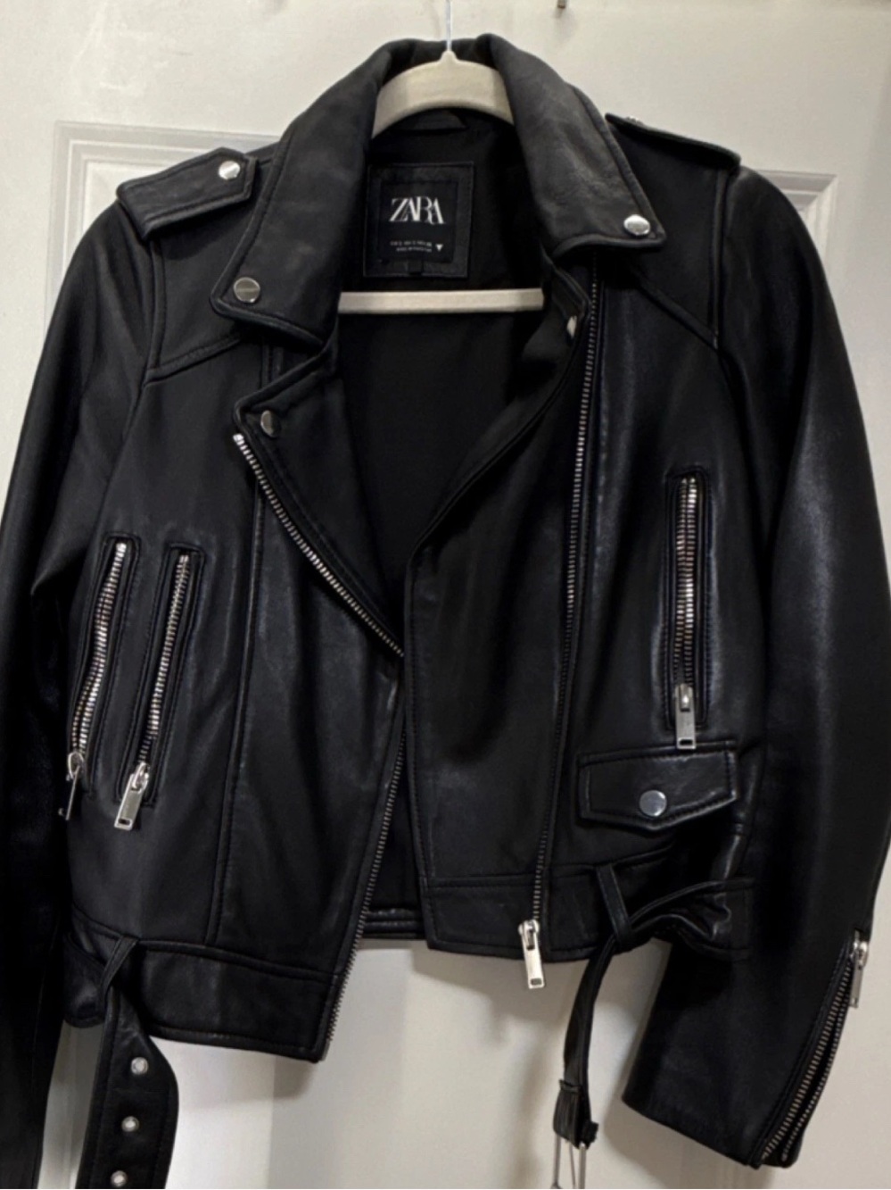 Zara Black Leather Moto Jacket with Silver Hardware